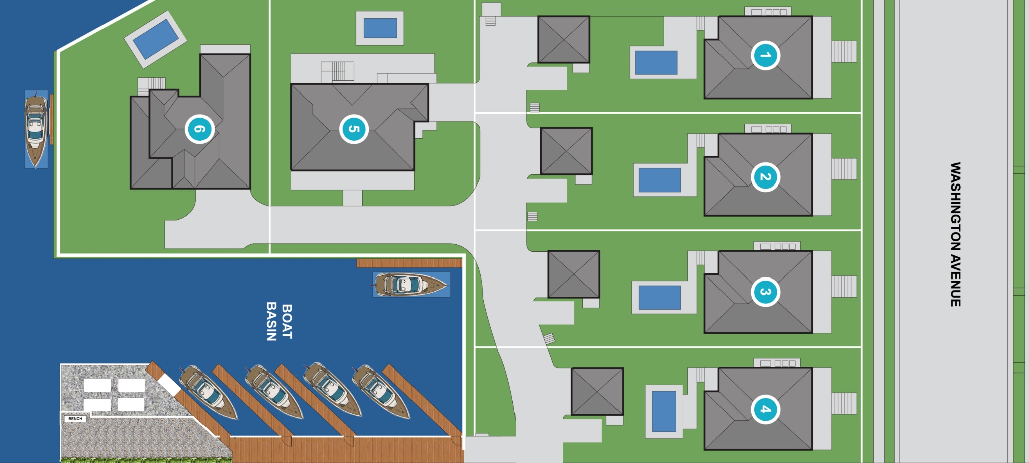 Rendered site composition showing six residences and planned boat slips at Key East Landing
